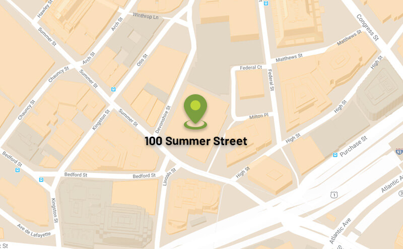 Map of Boston city of state Massachusetts in USA is showing the pin point on 100 summer street.