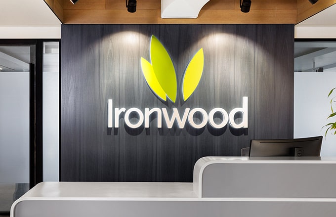 professional office with a large ironwood logo sign